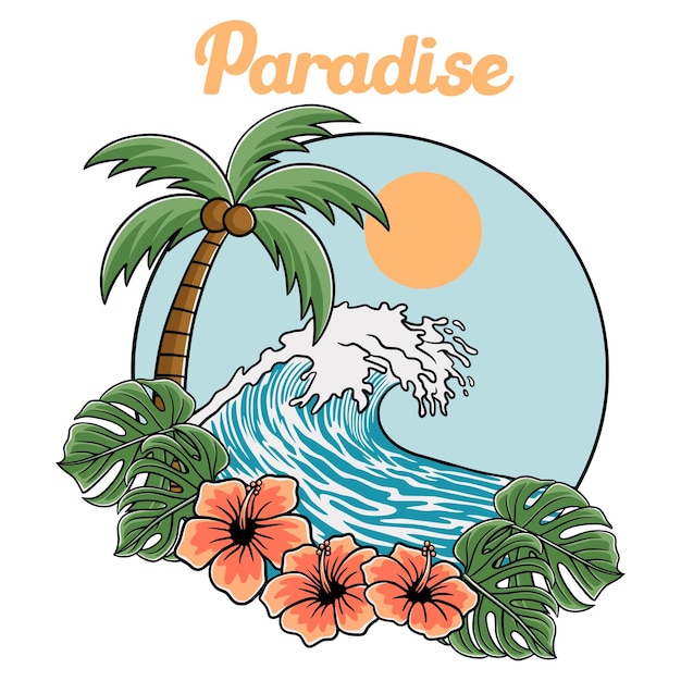 Summer beach in tropical island illustration with wave and palm tree