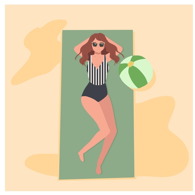 Summer beach vacation theme Happy girl in swimsuit on the beach is lay down and sunbathingFlat Vector illustration