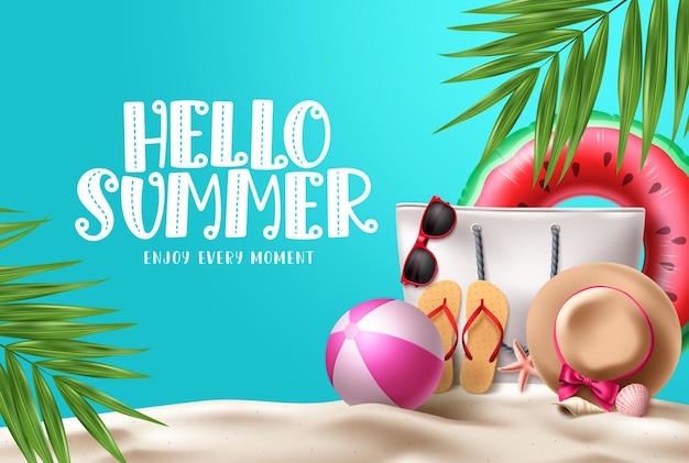 Summer beach vector background design Hello summer text with colorful beach elements in white sand