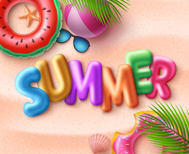 Summer beach vector background design Summer 3d text with colorful beach elements like floaters