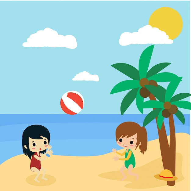 Summer Beach Vector Illustration With Cute Icon And Character