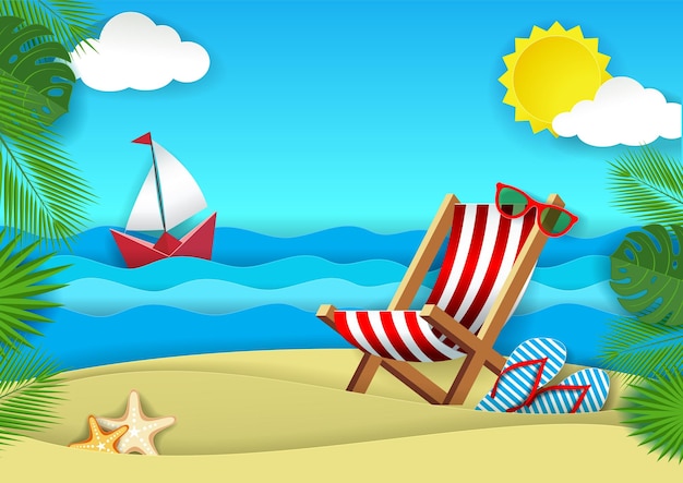 Summer beach vector paper cut illustration