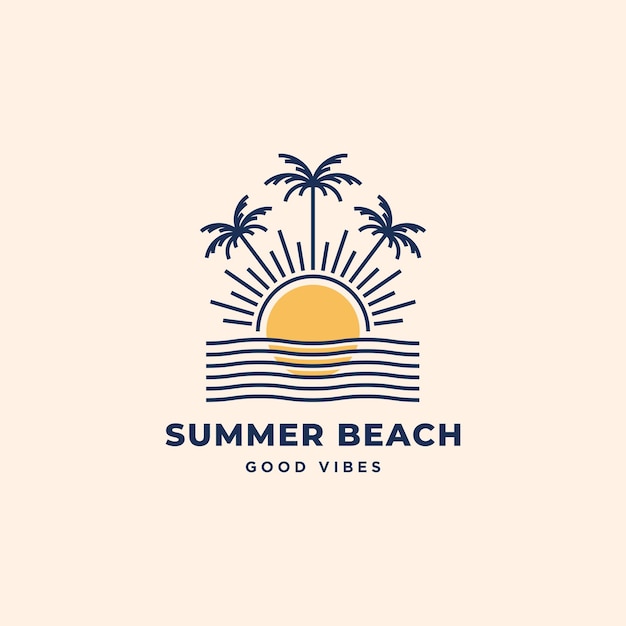 Summer beach vibes linear logo icon sign t shirt design Illustration of sunset with palm trees