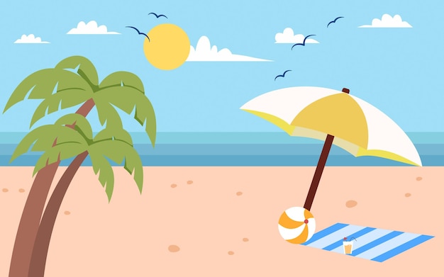 Summer Beach with Beach Umbrella, Beach mat Cocktail and a Ball. Flat Design Style.