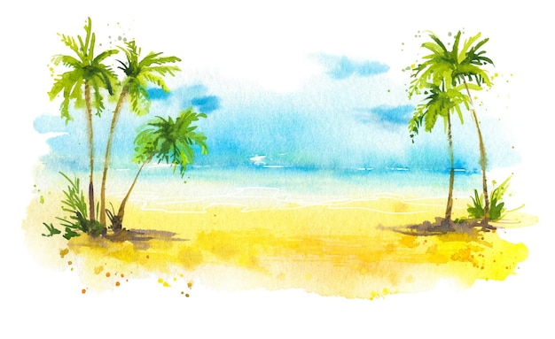 Summer beach with palm trees watercolor background