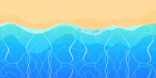 Summer beach with sand and waves top view in cartoon style, background.