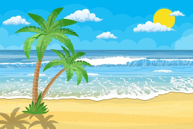 Summer beach with a sun, palm trees and cloudless sky