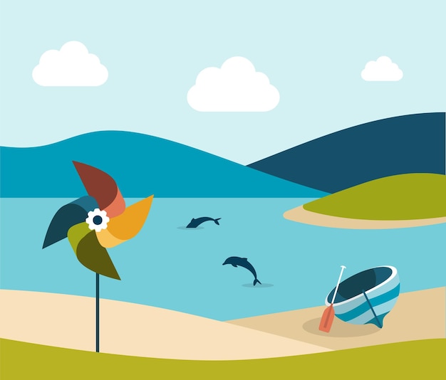 Summer beach with yellow umbrella Flat design