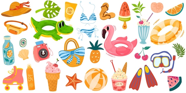 Summer big set for sticker Icons signs banners Bright summertime poster Collection elements