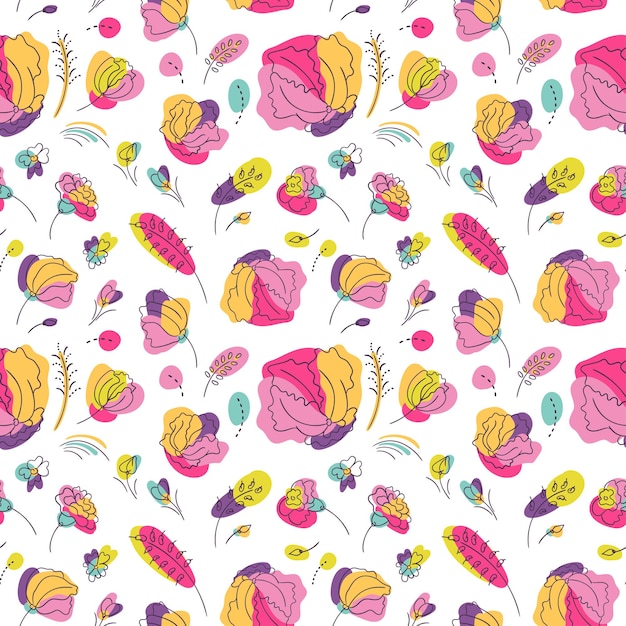 Summer bright floral seamless pattern. Flowers with bright neon colors. White background