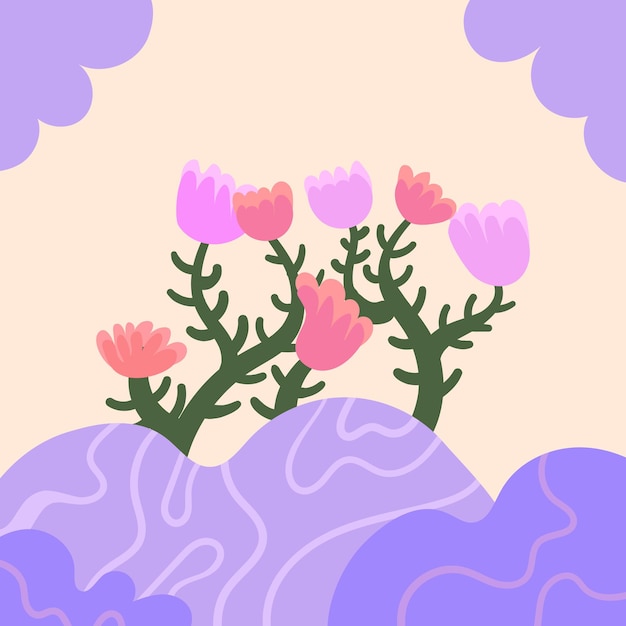 Summer Bush Landscape Plant and Flower Illustration