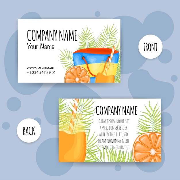 Summer business card with summer items. Cartoon style. Vector illustration.