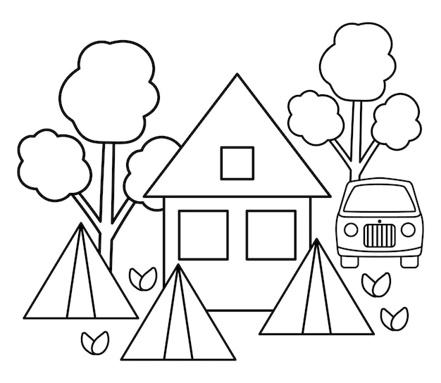 Summer camp black and white scene with house tent van forest Vector campfire illustration Active holidays or local tourism woodland landscape outline design for postcards prints infographicsxA