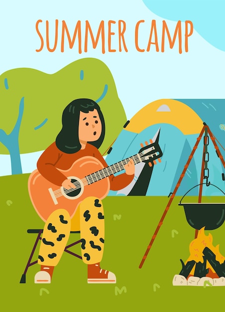 Summer camp for children banner or poster flat cartoon vector illustration