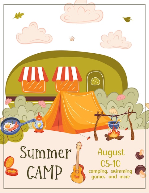 Summer camp concept with handdrawn lettering Camping and Travelling on holiday with different equipment such as tent backpack and others Poster in flat style vector illustration