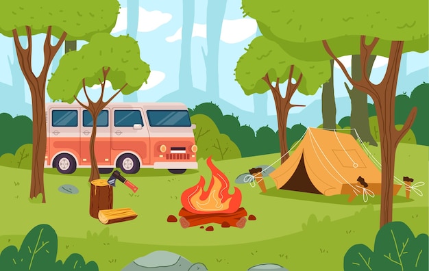 Summer camp forest picnic on nature concept graphic design element illustration