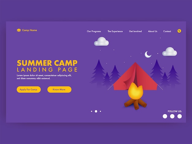 Summer Camp Landing Page With Bonfire, Red Tent Illustration On Purple Nighttime Background.