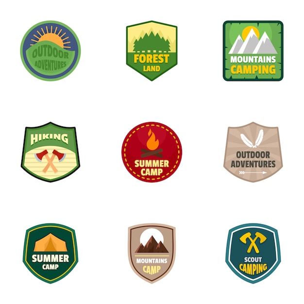 Summer camp logo emblem set, flat style