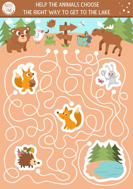 Summer camp maze for children Active holidays preschool printable activity Family nature trip labyrinth game or puzzle with cute hiking animals going to the lake and forestxA