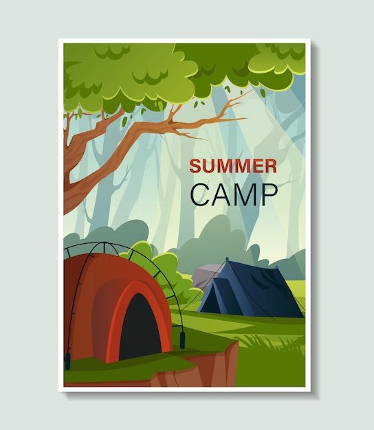 Vector summer camp poster red and blue tents in forest active lifestyle and leisure hiking and camping