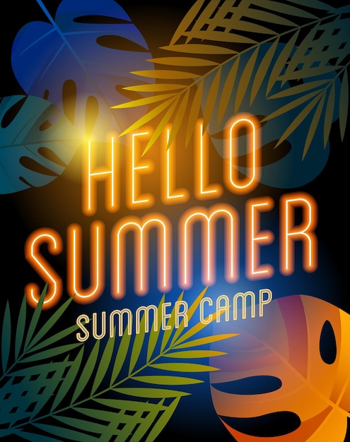 Summer camp poster with neon lamp text on the palm leaves