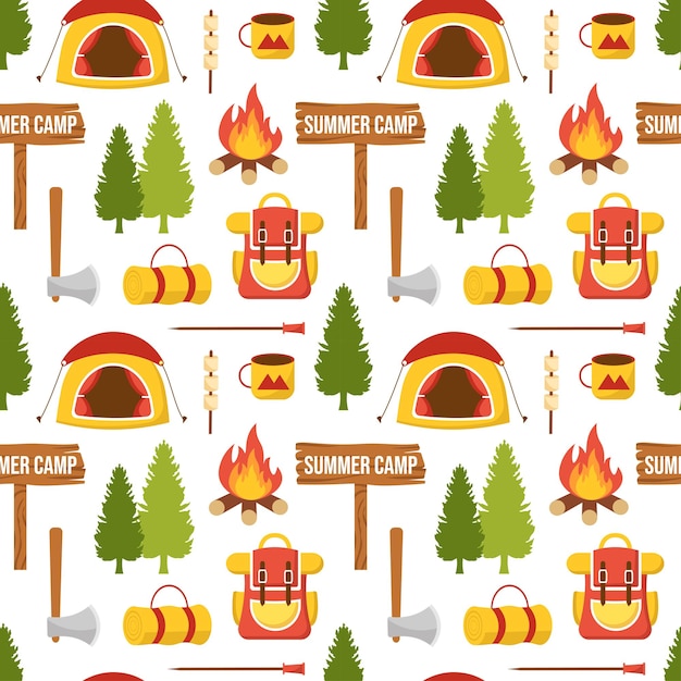 Summer Camp Seamless Pattern of Camping and Traveling Element in Template Hand Drawn Illustration