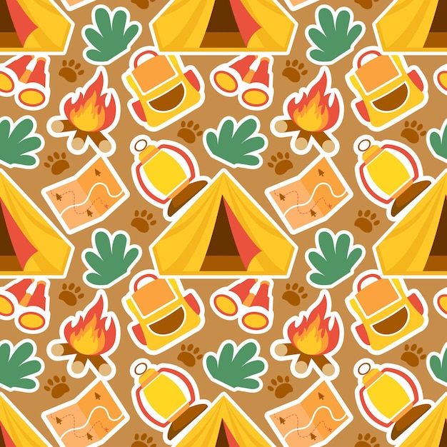 Summer Camp Seamless Pattern of Camping and Traveling Element in Template Hand Drawn Illustration