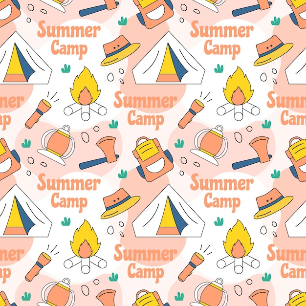 Summer Camp Seamless Pattern of Camping and Traveling Element in Template Hand Drawn Illustration