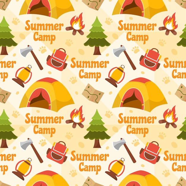 Summer Camp Seamless Pattern of Camping and Traveling Element in Template Hand Drawn Illustration