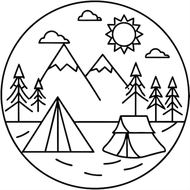 Vector summer camp set outline coloring book page line art drawing