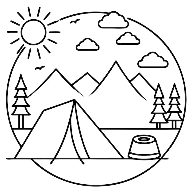 Vector summer camp set outline coloring book page line art drawing