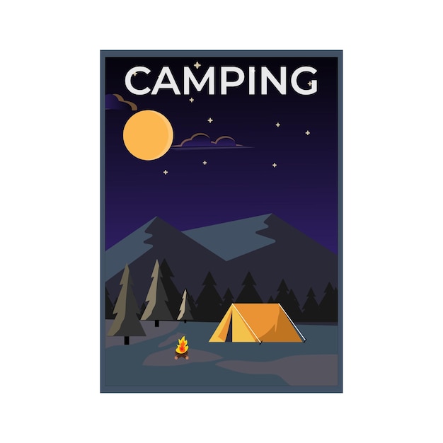 Summer camp tent and campfire at night background poster vector illustration design