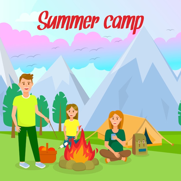 Summer Camp Vector Square Banner with Lettering.