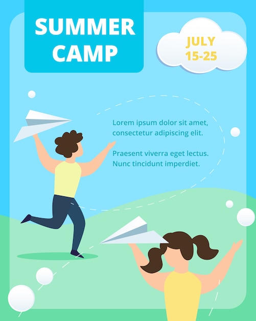 Summer Camp Vertical poster template. Happy Children Throw Paper Airplanes on Summertime