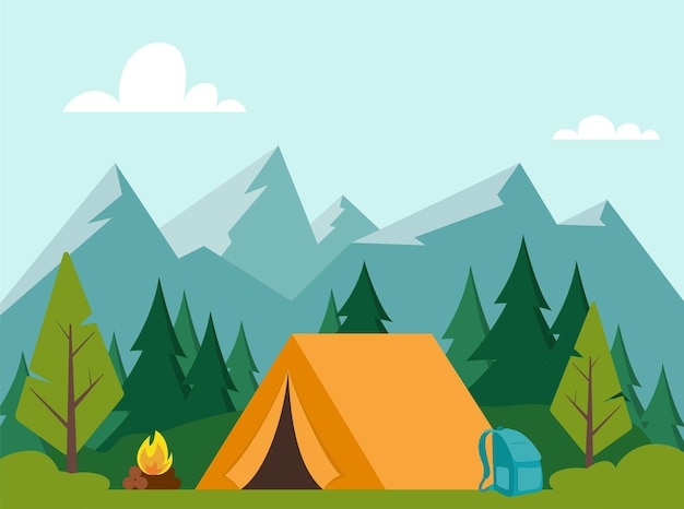 Summer Camping day in mountains Mountains trees tent and campfire Horizontal banner