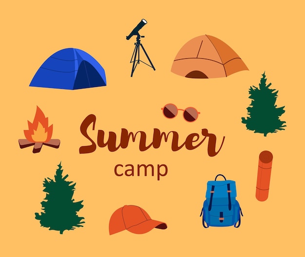 Summer Camping Hiking banner Fireplace trees tents and other elements Flat Vector illustration