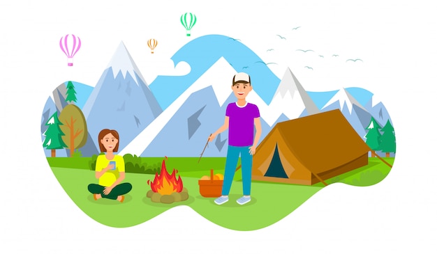 Summer Camping in Mountains Vector Illustration.