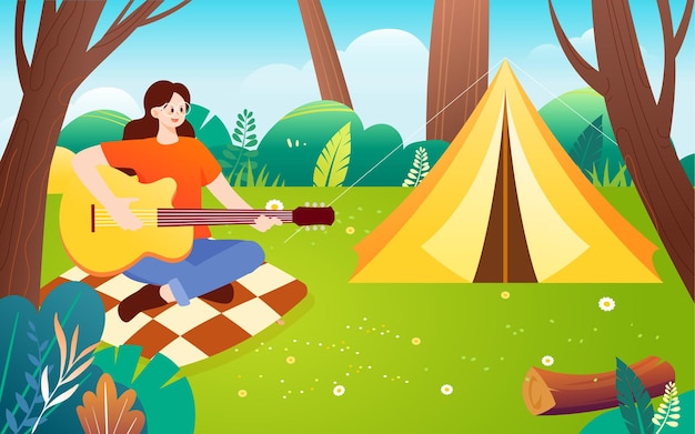 Summer camping outdoors family picnic party on grass tent vector illustration