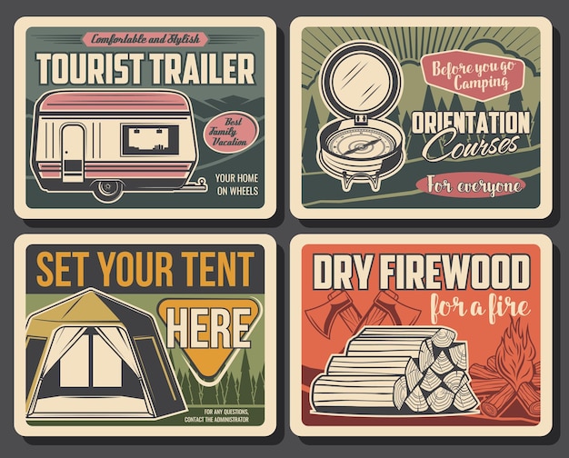 Summer camping tourist trailer firewood and tent