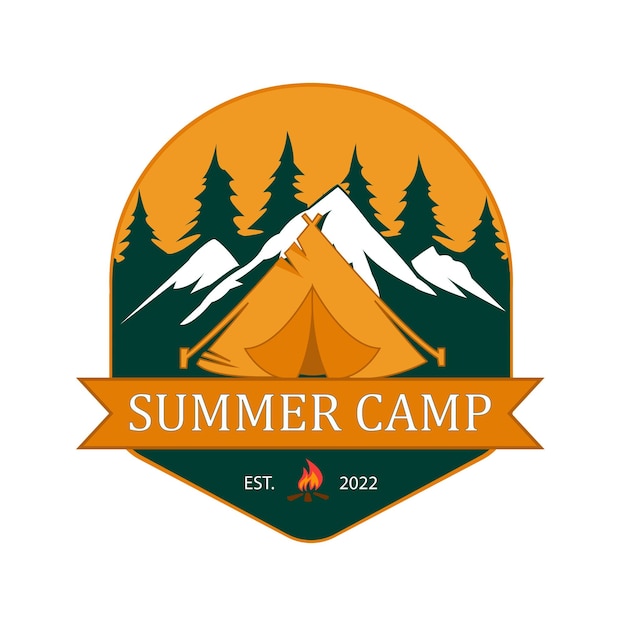 Summer camping vector logo, mountain and forest tree premium logo vector.