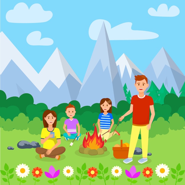 Summer Camping with Family Cartoon Illustration.