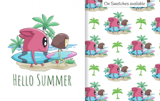 Summer card and seamless pattern with a hand drawn of cute girl and her friend on the beach