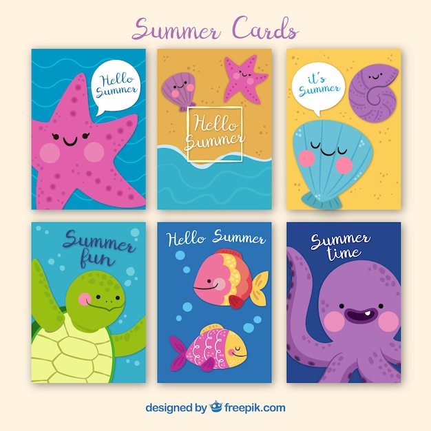 Summer cards collection with cute sea creatures