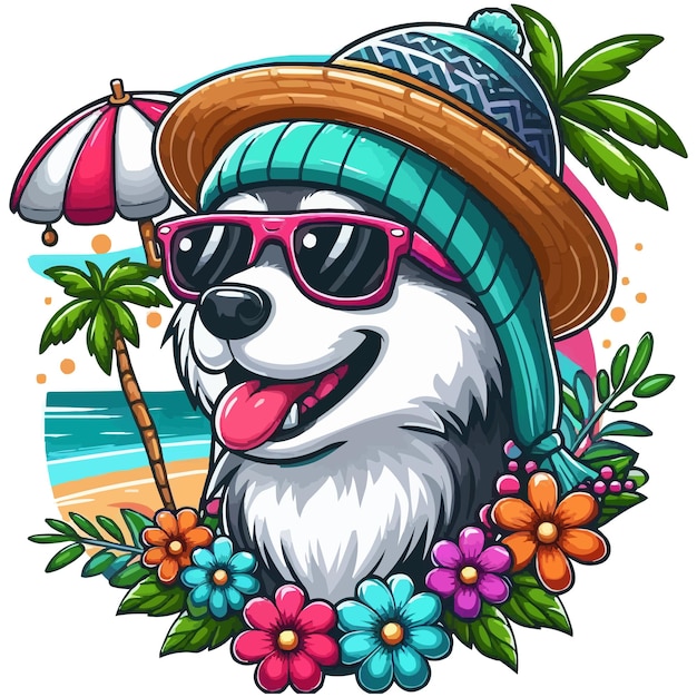 Summer cartoon Eskimo Dog with hat and sunglass