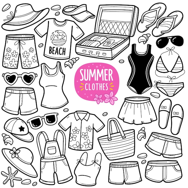 Summer clothes and accessories black and white doodle illustration