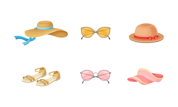 Vector summer clothing with wide brimmed hat sunglasses and pair of sandal vector set