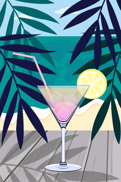 Summer cocktail background with exotic leaves on the beach