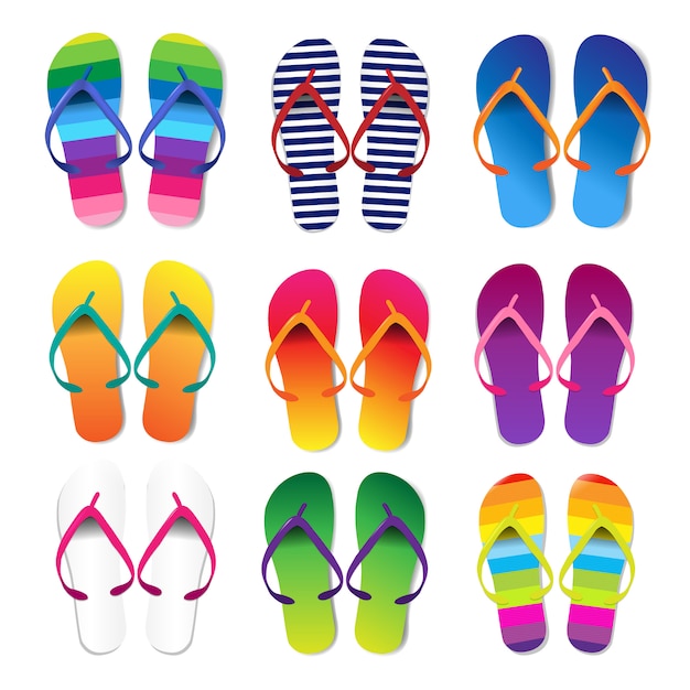 Summer Colorful Flip Flops Set White Background