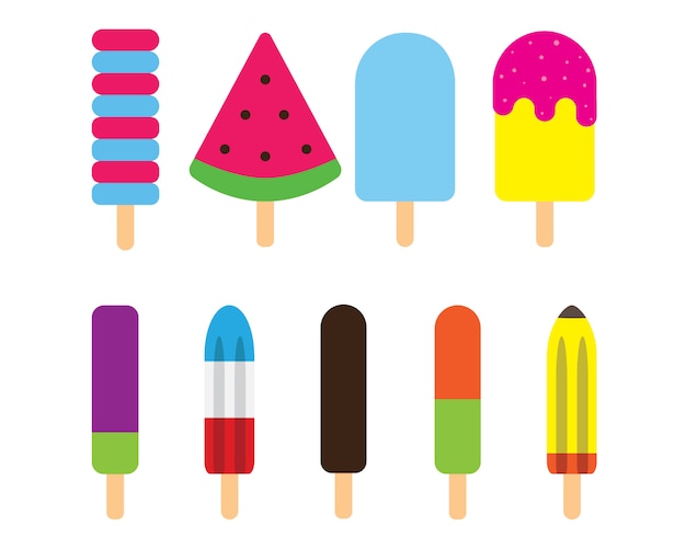 Summer colorful popsicles ice cream stick with milk, chocolate, mint and frozen fruit juice flavour flat  design icon symbol collection.