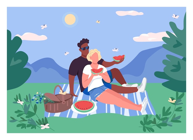 Summer couple picnic flat color . African man and caucasian woman eat watermelon. Romantic getaway. Interracial couple 2D cartoon characters with landscape on background